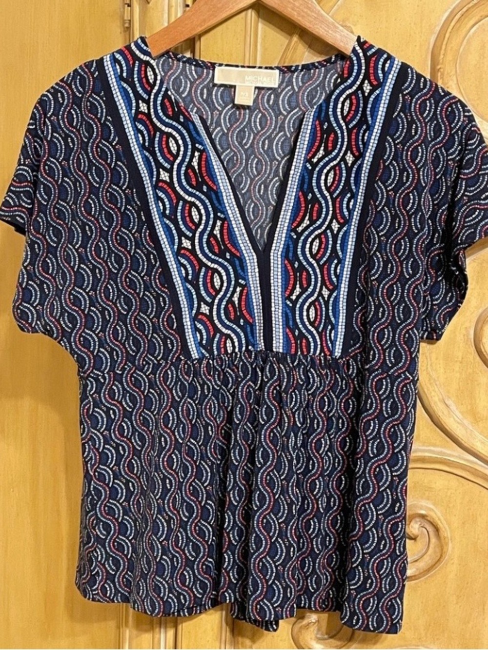 Michael Kors Navy Printed V-Neck Short Sleeve Blouse with Red & Blue Trim